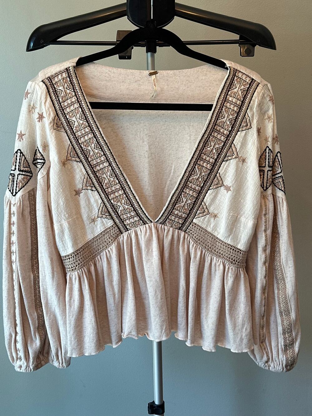 Free People Aria Embroidered V Neck Peplum Puff Sleeve Top Natural Large